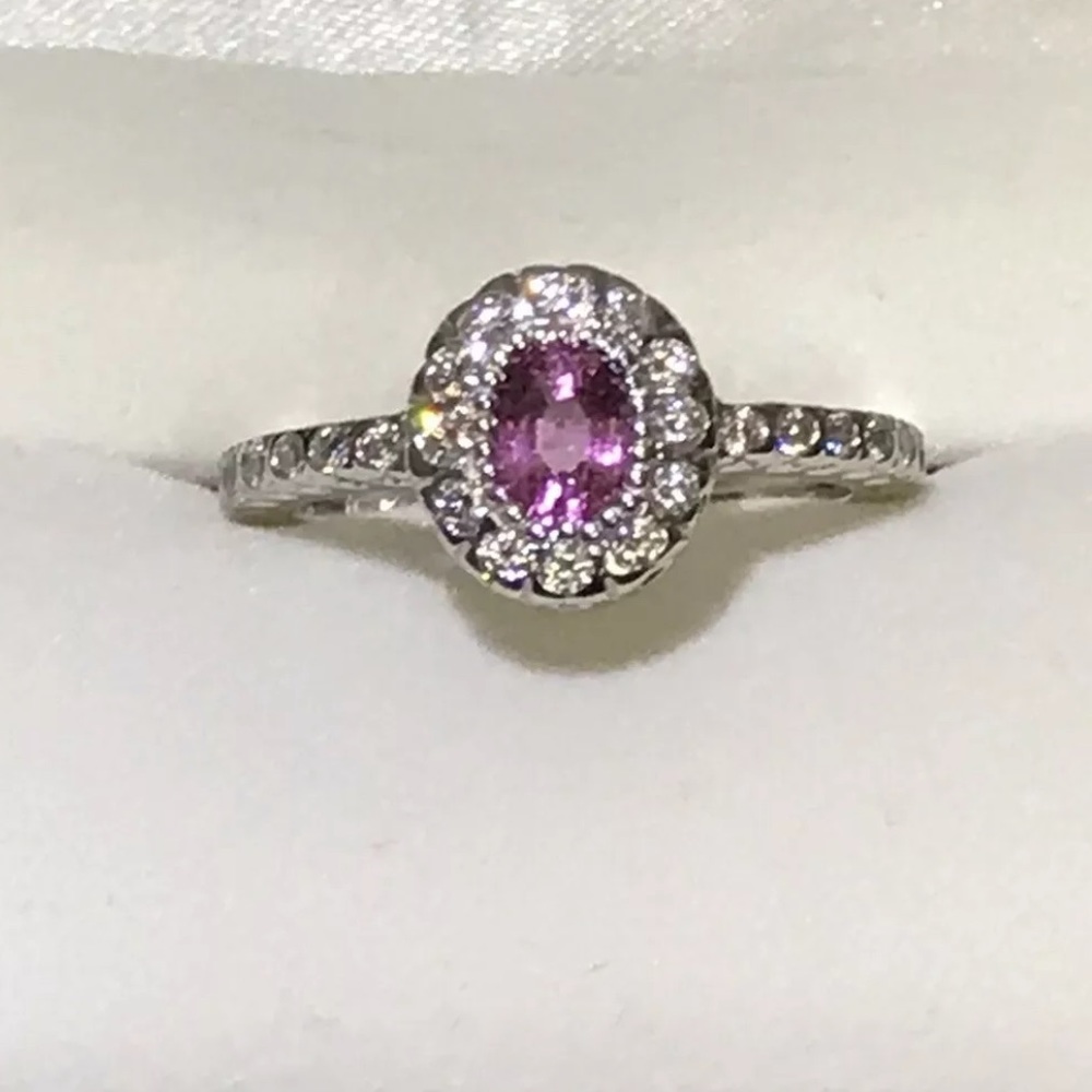 14k GENUINE Pink Sapphire & Diamond Halo Ring - Picture 12 of 15